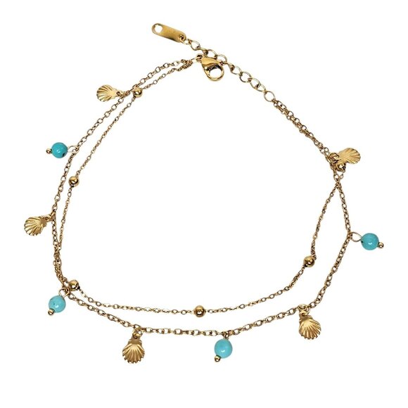Bohemian Ankle Bracelet Shell Charms & Turquoise Beads Gold-Toned S. Steel - Picture 1 of 7